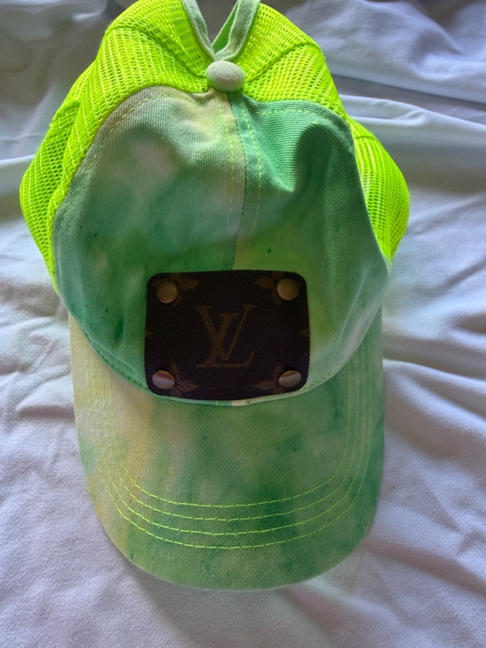 Upcycled Louis  Neon Green and Lime Tie-Dye Trucker Cap